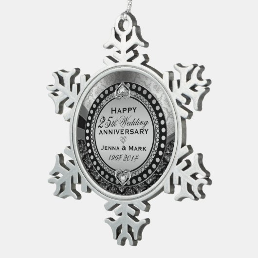 Silver 25th Wedding Jubileum Tin Sneeuwvlok Ornament (Rechts)