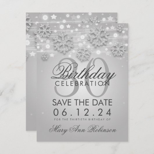 Silver 30th Birthday Save Date Winter Kaart (Voorkant / Achterkant)