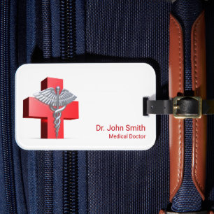 Silver 3D Caduceus Cross Medical Red Bagagelabel