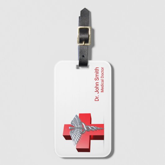 Silver 3D Caduceus Cross Medical Red Bagagelabel (Voorkant (verticaal))