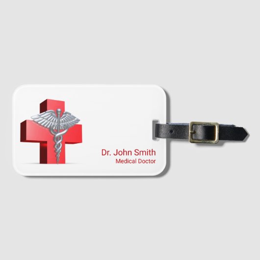 Silver 3D Caduceus Cross Medical Red Bagagelabel (Voorkant (horizontaal))