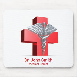 Silver 3D Caduceus Cross Red Medical Muismat