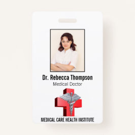 Silver 3D Caduceus Cross Red Medical Photo ID Badge