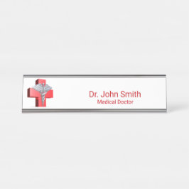 Silver 3D Caduceus Medical Cross Red Bureau Naambordje