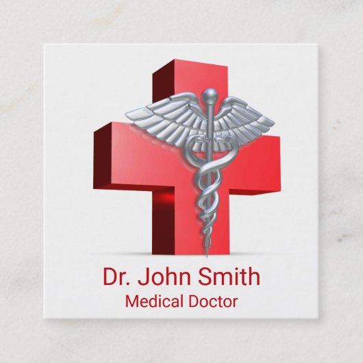 Silver 3D Medical Caduceus Cross Red Vierkante Visitekaartje (Voorkant)