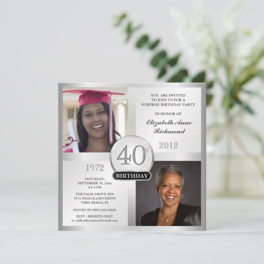 Silver 40th Birthday-uitnodigingen vervolgens & nu Kaart (Staand voorkant)