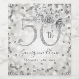 Silver 50th Birthday Floral Glam Lights Wijn Etiket