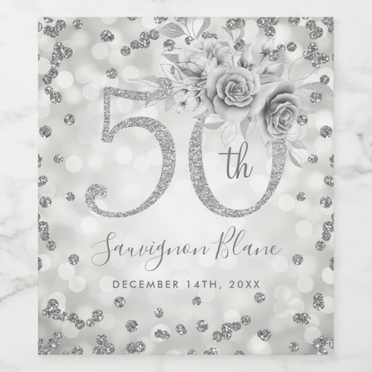 Silver 50th Birthday Floral Glam Lights Wijn Etiket (Enkel label)