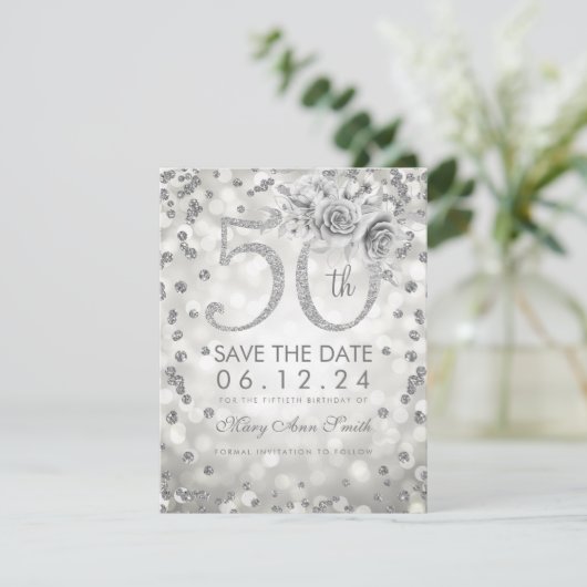 Silver 50th Birthday Glam Licht bespaart de datum Save The Date (Staand voorkant)