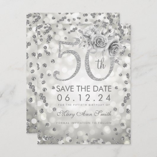 Silver 50th Birthday Glam Licht bespaart de datum Save The Date (Voorkant / Achterkant)
