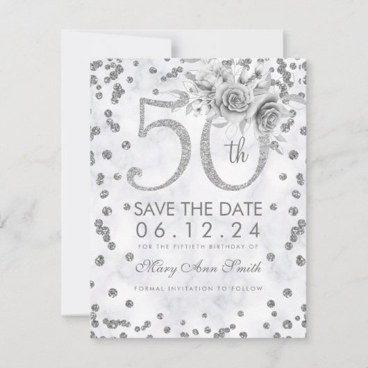 Silver 50th Birthday Glam Lights Marble Save The Date (Voorkant)