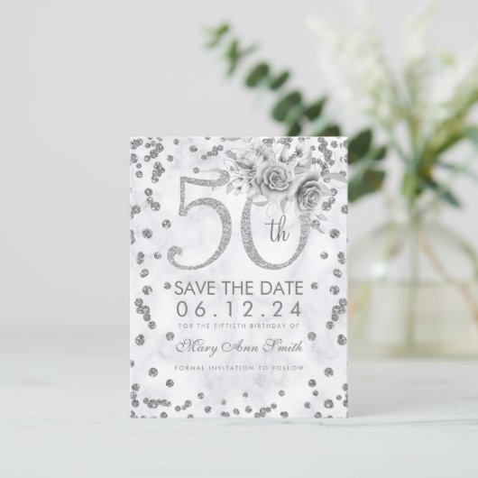 Silver 50th Birthday Glam Lights Marble Save The Date (Staand voorkant)
