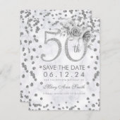 Silver 50th Birthday Glam Lights Marble Save The Date (Voorkant / Achterkant)