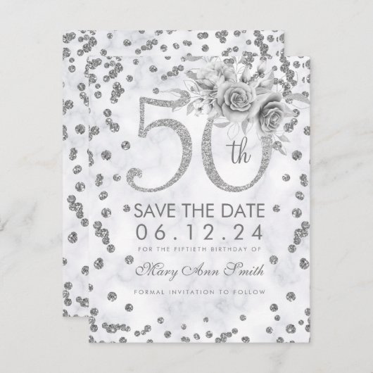 Silver 50th Birthday Glam Lights Marble Save The Date (Voorkant / Achterkant)