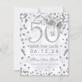 Silver 50th Birthday Glam Lights Marble Save The Date