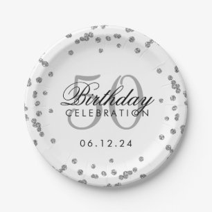 Silver 50th Birthday Glitter Confetti White Papieren Bordje