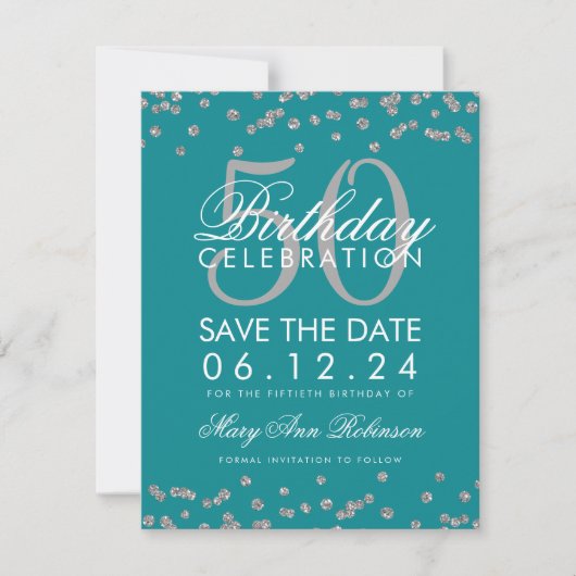 Silver 50th Birthday Save Date Confetti Blauwgroen Save The Date (Voorkant)