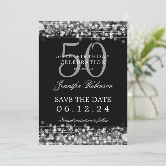 Silver 50th Birthday Sla de datum op met details Kaart (Staand voorkant)