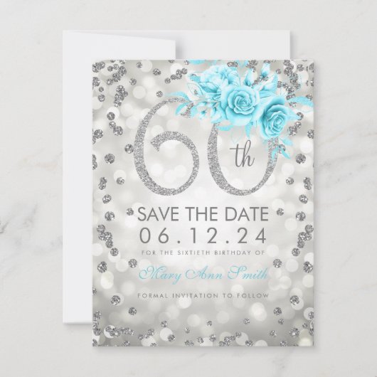 Silver 60th Birthday Blauwgroen lichten sparen de Save The Date (Voorkant)