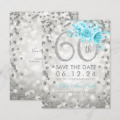 Silver 60th Birthday Blauwgroen lichten sparen de Save The Date (Voorkant / Achterkant)