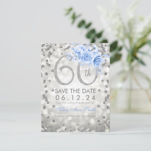 Silver 60th Birthday Blue Glam Lights Save The Date (Staand voorkant)