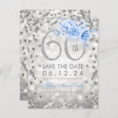 Silver 60th Birthday Blue Glam Lights Save The Date (Voorkant / Achterkant)