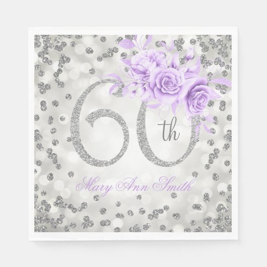 Silver 60th Birthday Floral Glam Lights Paars Servet (Voorkant)