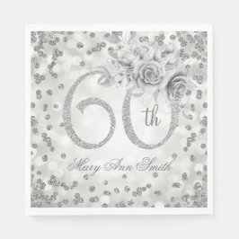 Silver 60th Birthday Floral Glam Lights Servet
