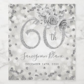 Silver 60th Birthday Floral Glam Lights Wijn Etiket (Enkel label)