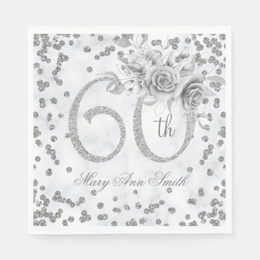 Silver 60th Birthday Floral Glam Marble Servet (Voorkant)