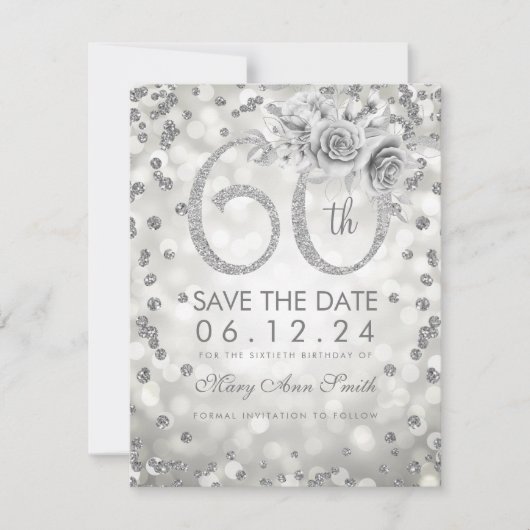 Silver 60th Birthday Glam Licht sparen de datum Save The Date (Voorkant)