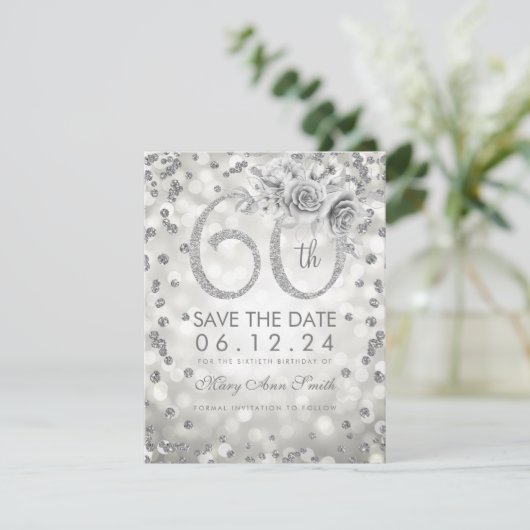 Silver 60th Birthday Glam Licht sparen de datum Save The Date (Staand voorkant)