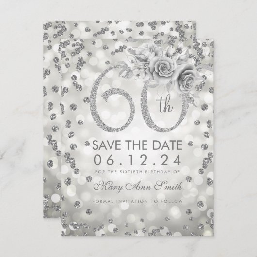 Silver 60th Birthday Glam Licht sparen de datum Save The Date (Voorkant / Achterkant)