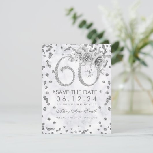 Silver 60th Birthday Glam Marble Save The Date (Staand voorkant)