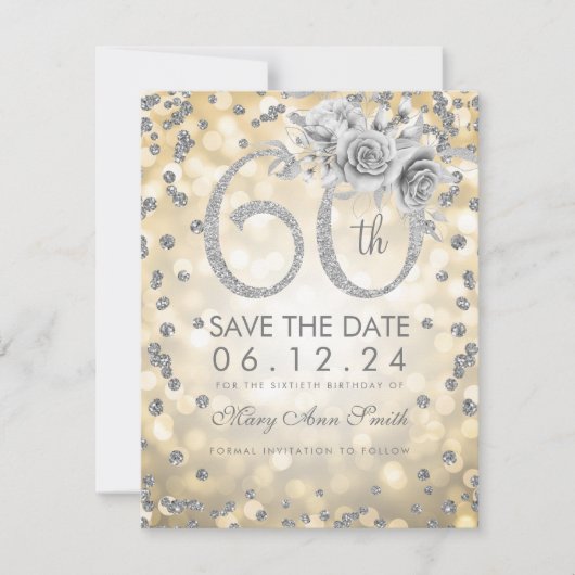Silver 60th Birthday Gold Lights Save The Date (Voorkant)