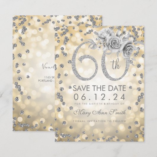 Silver 60th Birthday Gold Lights Save The Date (Voorkant / Achterkant)