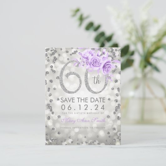 Silver 60th Birthday Paars lampjes sparen de datum Save The Date (Staand voorkant)