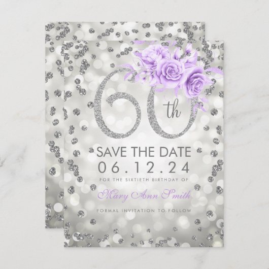 Silver 60th Birthday Paars lampjes sparen de datum Save The Date (Voorkant / Achterkant)