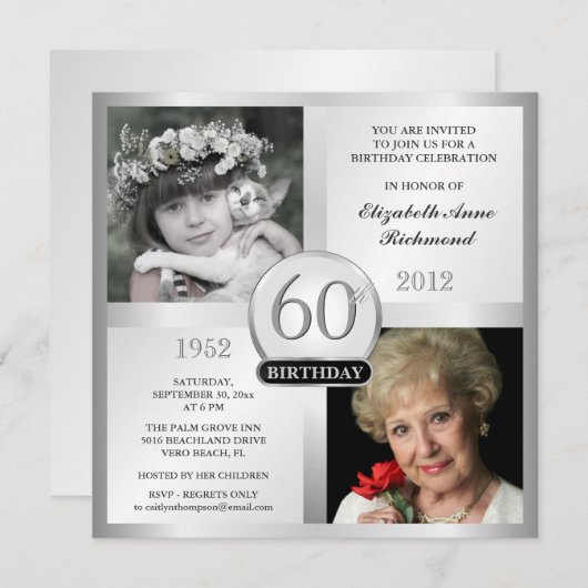 Silver 60th Birthday-uitnodigingen vervolgens & nu Kaart (Voorkant / Achterkant)