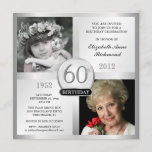 Silver 60th Birthday-uitnodigingen vervolgens & nu Kaart<br><div class="desc">Creëer uw eigen elegante 60th Birthday Surprise Party-uitnodigingen. Klassieke Executive style zwart en zilver voor mannen en vrouwen, gepersonaliseerd met dubbele foto lijst inserts voor "Dan & nu" afbeeldingen — Pas de naam, datum en details aan voor je speciale viering. Kan gemakkelijk worden aangepast voor andere speciale gelegenheden, bedrijfsevenementen, pensionering...</div>