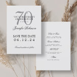 Silver 70th Birthday Bewaar de datum Details Kaart<br><div class="desc">Elegant "70th Birthday Party"-ontwerp met een formeel typografisch script,  aangepaste naam en detailtekst. Makkelijk te gebruiken en makkelijk te personaliseren. Bestel vandaag nog!</div>