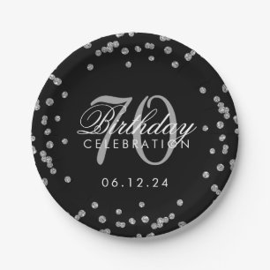 Silver 70th Birthday Glitter Confetti Black Papieren Bordje