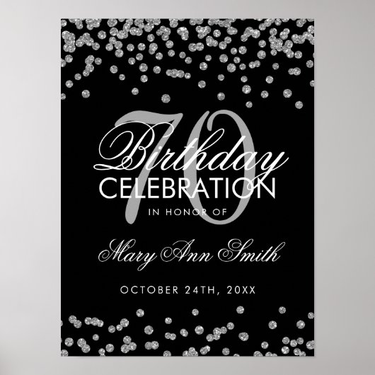 Silver 70th Birthday Glitter Confetti Black Poster (Voorkant)