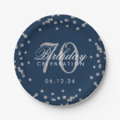 Silver 70th Birthday Glitter Confetti Navy Blue Papieren Bordje (Voorkant)