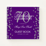 Silver 70th Birthday Guestbook Confetti Paars Notitieboek<br><div class="desc">Een elegante 70th Birthday Party Guest Book sjabloon met Silver Glitter Confetti op Paars design en eenvoudig aan te passen tekst.</div>