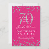 Silver 70th Birthday Save Date Confetti Hot Pink Kaart (Voorkant)