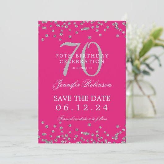 Silver 70th Birthday Save Date Confetti Hot Pink Kaart (Staand voorkant)