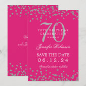 Silver 70th Birthday Save Date Confetti Hot Pink Kaart (Voorkant / Achterkant)