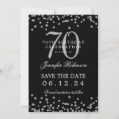 Silver 70th Birthday Save Date Details Zwart Kaart (Voorkant)