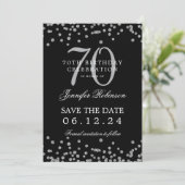 Silver 70th Birthday Save Date Details Zwart Kaart (Staand voorkant)